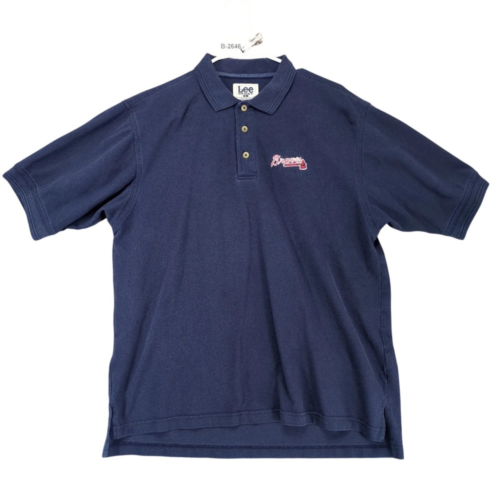 Vintage 90s Lee Sport Atlanta Braves Navy Polo Shirt Mens L MLB Baseball Fan Y2K